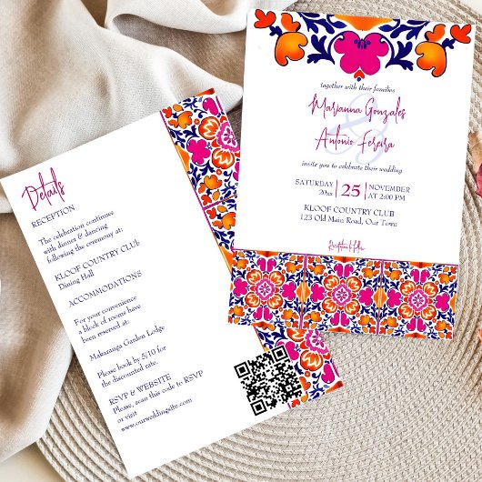 ピンク色のオレンジ色のメキシコのタイル結婚すべて 招待状