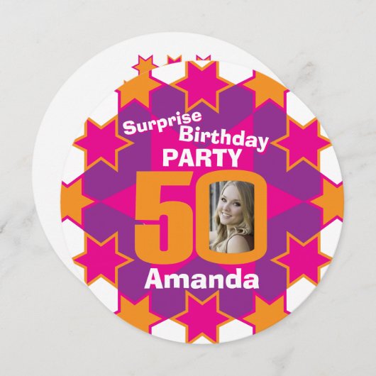 ピンク色のオレンジ色の星の写真50th誕生日パーティー 招待状 (正面/裏面)