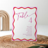 ピンク色のオレンジ色縁どの波型座席名テーブルカード 招待状