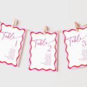 ピンク色のオレンジ色縁どの波型座席名テーブルカード 招待状