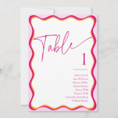 ピンク色のオレンジ色縁どの波型座席名テーブルカード 招待状 (正面)