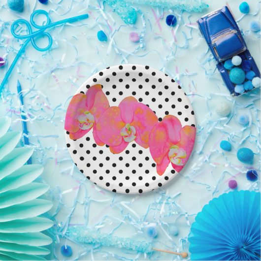 ピンク色のオーキッド絵画ズ |水玉模様 ペーパープレート (パーティー)