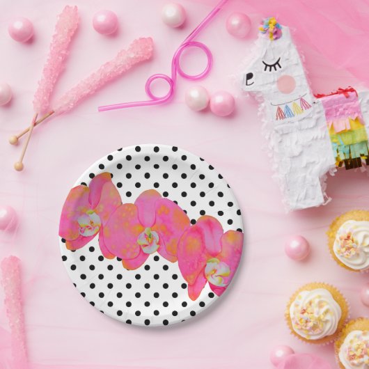 ピンク色のオーキッド絵画ズ |水玉模様 ペーパープレート (パーティー)