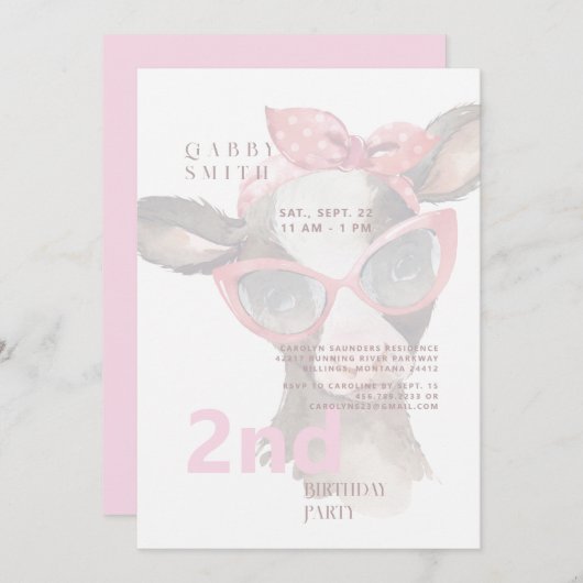 ピンク色のカウピンクに誕生日の眼鏡 招待状 (正面/裏面)