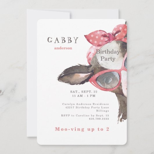 ピンク色のカウピンクに誕生日の眼鏡 招待状 (正面)