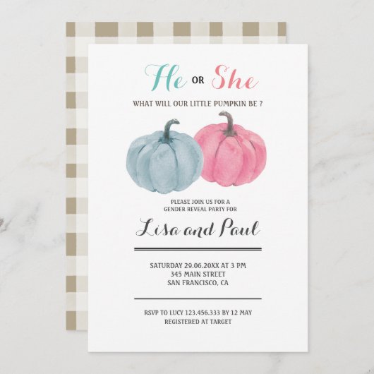 ピンク色のカボチャ彼または彼女が性別で明かす 招待状 (正面/裏面)