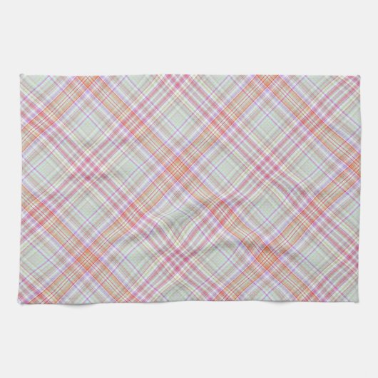 ピンク色のクラシック緑エレガントの格子模様 キッチンタオル (横)