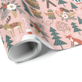 ピンク色のクリスマスキュートな森林動物 ラッピングペーパー (ロールコーナー)
