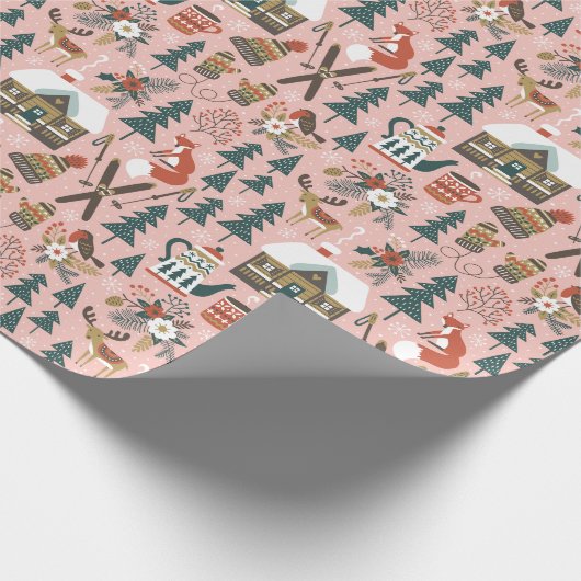 ピンク色のクリスマスキュートな森林動物 ラッピングペーパー (角)
