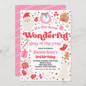 ピンク色のクリスマスバースデーパーティー 招待状 (正面/裏面)