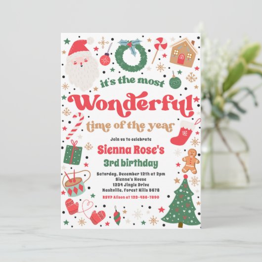 ピンク色のクリスマスバースデーパーティー 招待状 (スタンド正面)