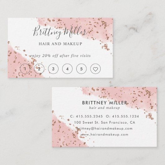 ピンク色のグリッターロイヤリティカードの手書き 名刺 (正面/裏面)