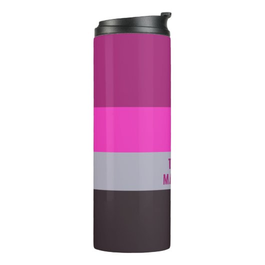 ピンク色のグレーと濃くミュートされた紫のストライプ色パターン タンブラー (回転左)