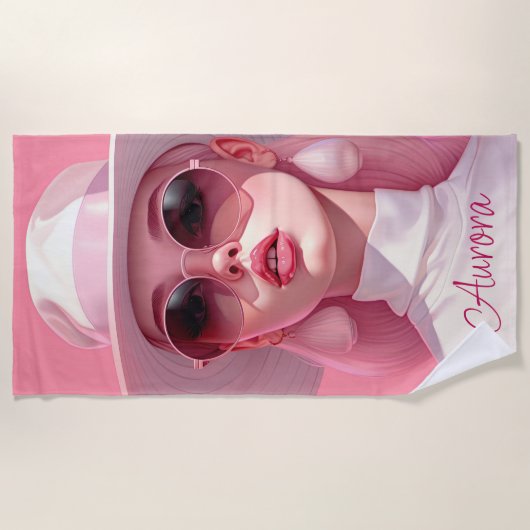 ピンク色のサングラスを着た美しい少女 ビーチタオル (正面)