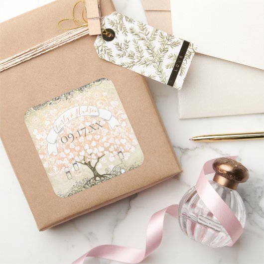 ピンク色のサンゴの渦巻きハートリーフの木結婚のシール スクエアシール (ギフト)