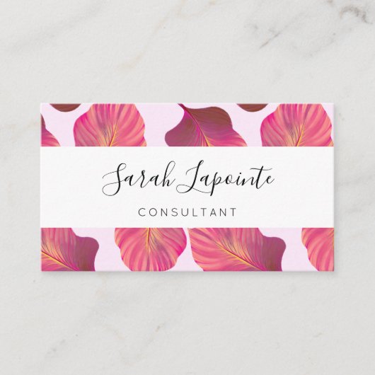 ピンク色のシックなトロピカル葉 名刺 (正面)