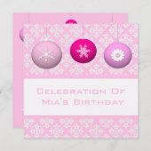 ピンク色のスノーフレークフラワーオーナメント3 招待状 (正面/裏面)