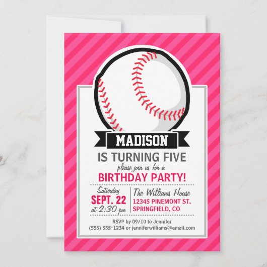 ピンク色のソフトボストライプール 招待状 (正面)