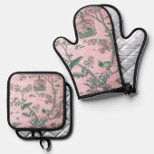 ピンク色のチノワスリーの鳥 鍋つかみ&鍋敷きセット (正面/裏面)