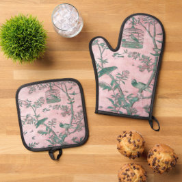 ピンク色のチノワスリーの鳥 鍋つかみ&鍋敷きセット