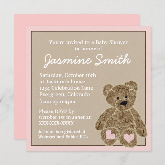 ピンク色のテディベアベビーシャワー招待状 招待状 (正面/裏面)