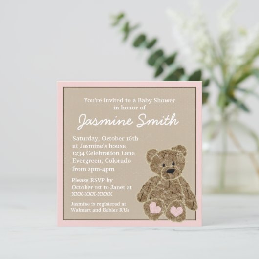 ピンク色のテディベアベビーシャワー招待状 招待状 (スタンド正面)