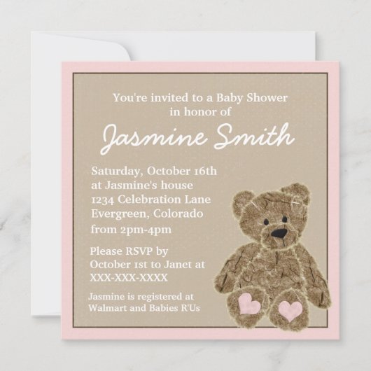 ピンク色のテディベアベビーシャワー招待状 招待状 (正面)