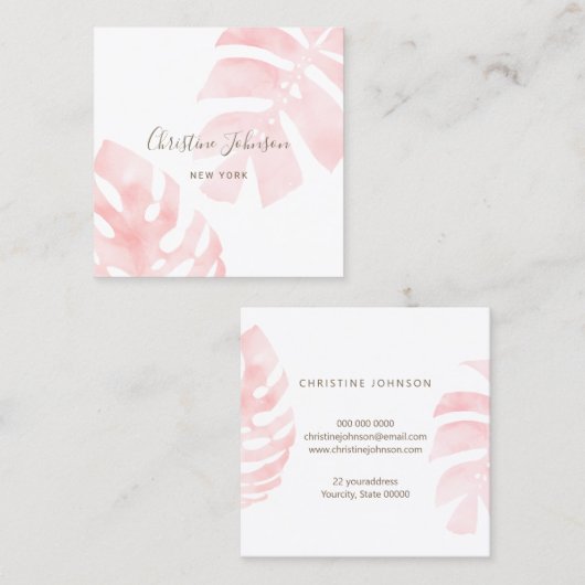ピンク色のトロピカルビジネス葉カード スクエア名刺 (正面/裏面)