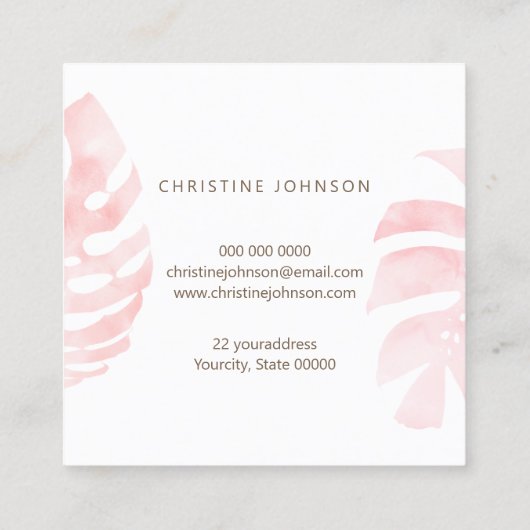ピンク色のトロピカルビジネス葉カード スクエア名刺 (裏面)