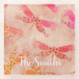 ピンク色のトンボ ガラスコースター