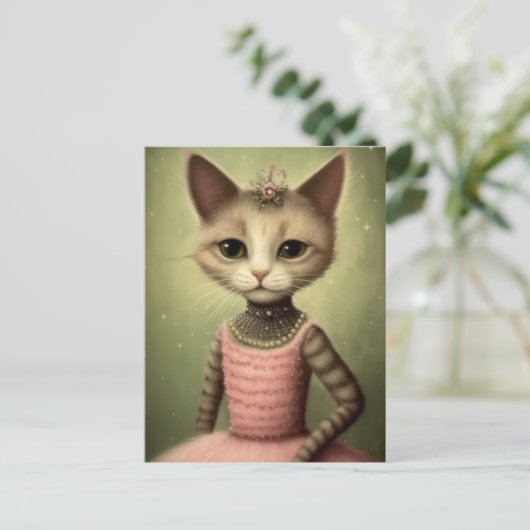 ピンク色のドレスを着た猫かわいい ポストカード (スタンド正面)