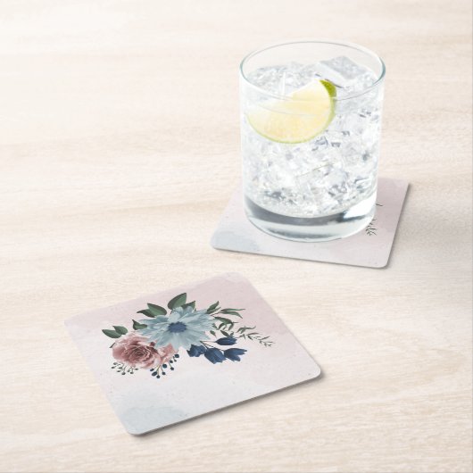 ピンク色のネイビーほこりまみれの青いフローラ スクエアペーパーコースター (インサイチュ)