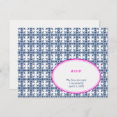 ピンク色のネイビーオーバル名門私立校風のレースの応答RSVP 出欠カード (正面/裏面)