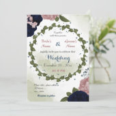 ピンク色のネイビーフラワーグリーン結婚リース 招待状 (スタンド正面)