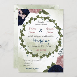 ピンク色のネイビーフラワーグリーン結婚リース 招待状