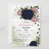 ピンク色のネイビーフラワーグリーン誕生日パーティー 招待状 (正面)