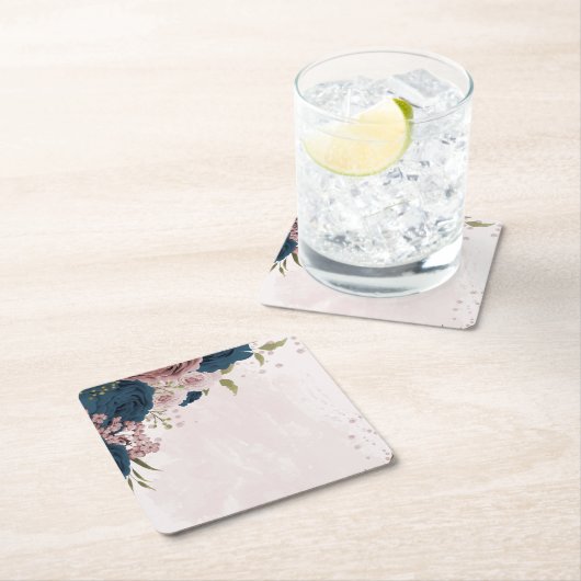 ピンク色のネイビーブルーの花の植物性結婚の スクエアペーパーコースター (インサイチュ)