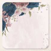 ピンク色のネイビーブルーの花の植物性結婚の スクエアペーパーコースター (正面)