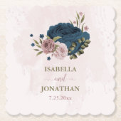 ピンク色のネイビーブルーの花の植物性結婚の ペーパーコースター (正面)