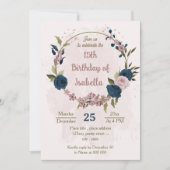 ピンク色のネイビーブルーの花の植物誕生日 招待状 (正面)