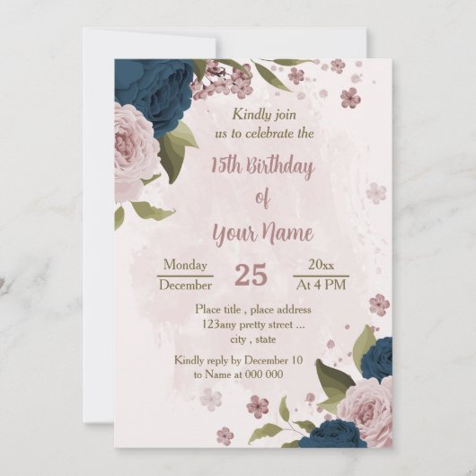 ピンク色のネイビーブルーの花の植物誕生日 招待状 (正面)