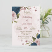 ピンク色のネイビーブルーの花の植物誕生日 招待状 (スタンド正面)