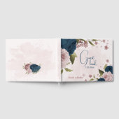 ピンク色のネイビーブルー結婚の花 ゲストブック (全面)