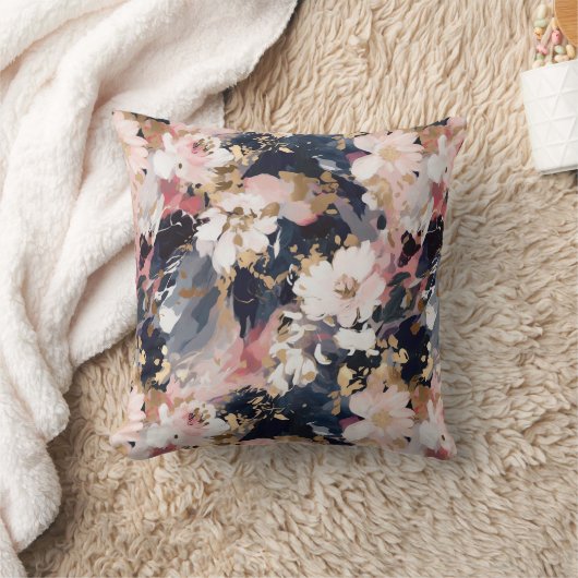 ピンク色のネイビー絵画抽象芸術の花柄 クッション (ブランケット)