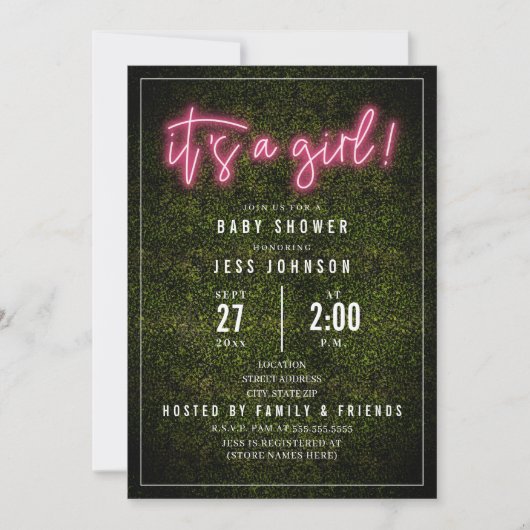 ピンク色のネオンボクウッドの赤ちゃんシャワーだ 招待状 (正面)