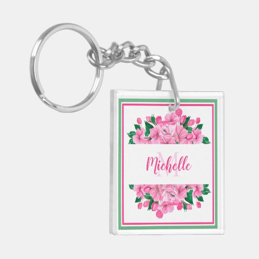 ピンク色のハナミズキパーソナライズされた- キーホルダー (正面左)