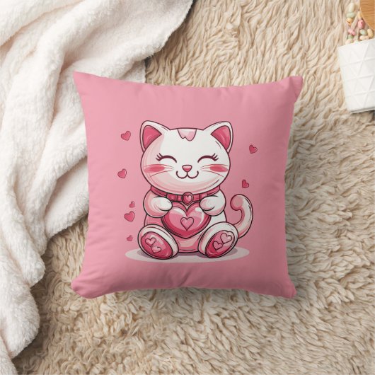 ピンク色のハートが好きのかわいい猫 クッション (ブランケット)