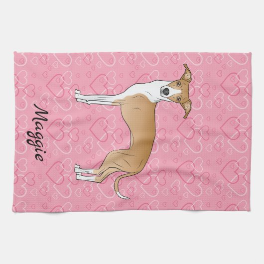 ピンク色のハートでイタリアンのFawnとWhite Greyhound キッチンタオル (横)