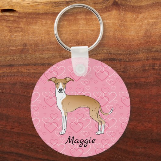 ピンク色のハートでイタリアンのFawnとWhite Greyhound キーホルダー (正面)