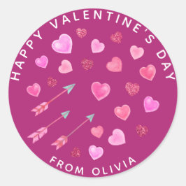 ピンク色のハートと矢印バレンタインデー ラウンドシール